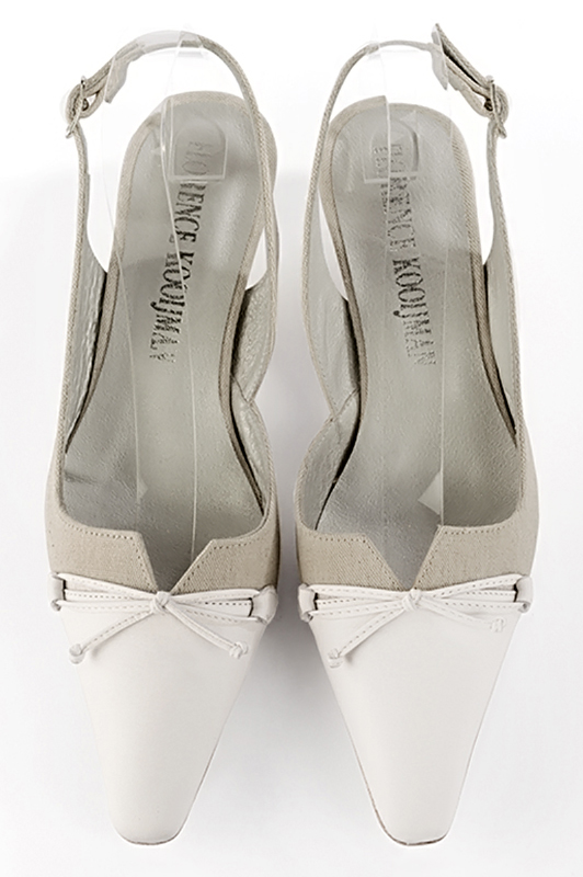 Pure white and pearl grey women's open back shoes, with a knot. Tapered toe. Low kitten heels. Top view - Florence KOOIJMAN